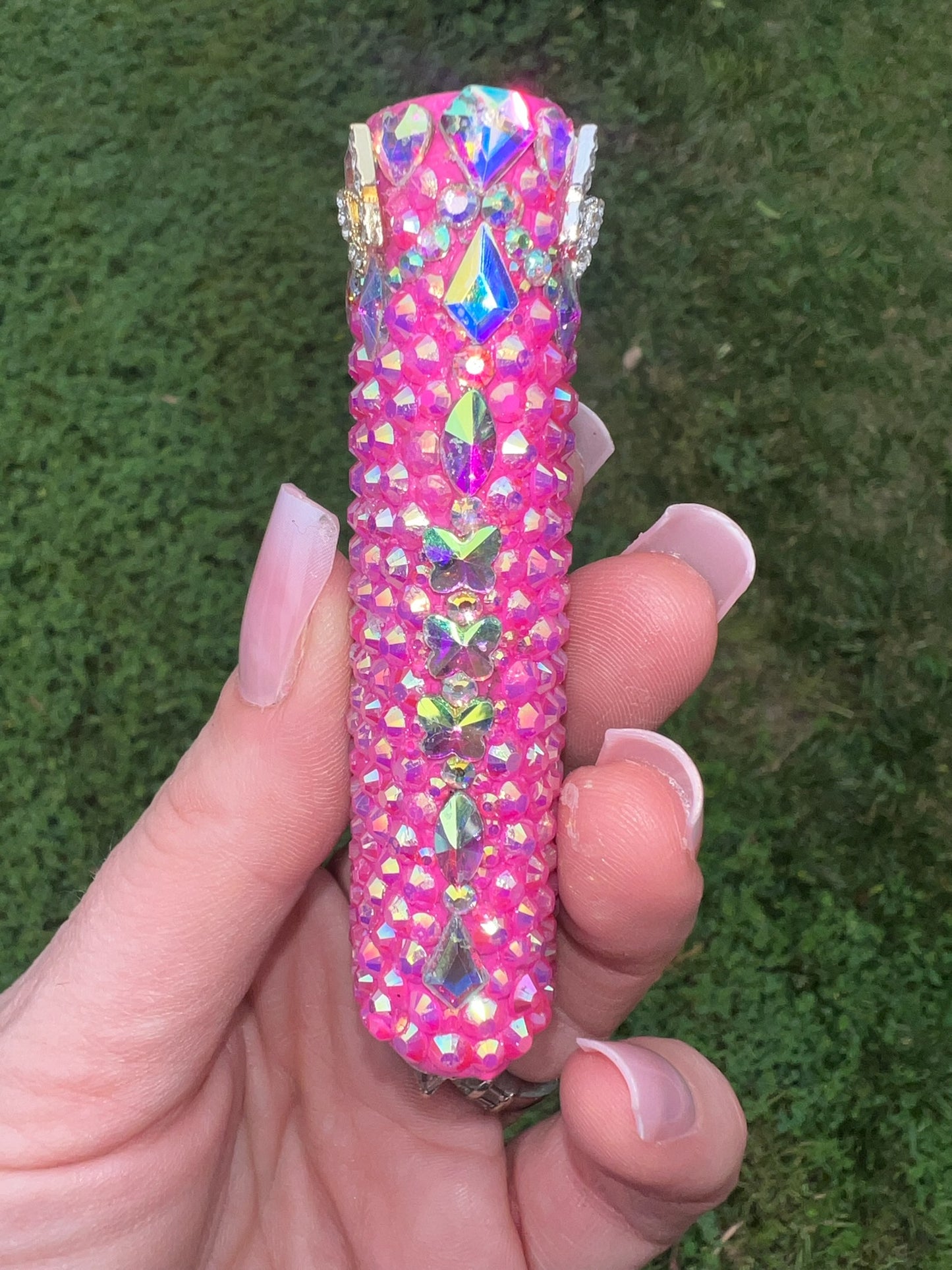 On Wednesday's We Wear Pink - Hot Pink Bedazzled Bling Fancy CRYSTAL AB BIC Lighter Case with jewels and charms