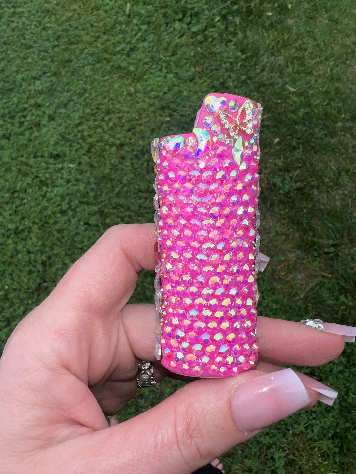 On Wednesday's We Wear Pink - Hot Pink Bedazzled Bling Fancy CRYSTAL AB BIC Lighter Case with jewels and charms