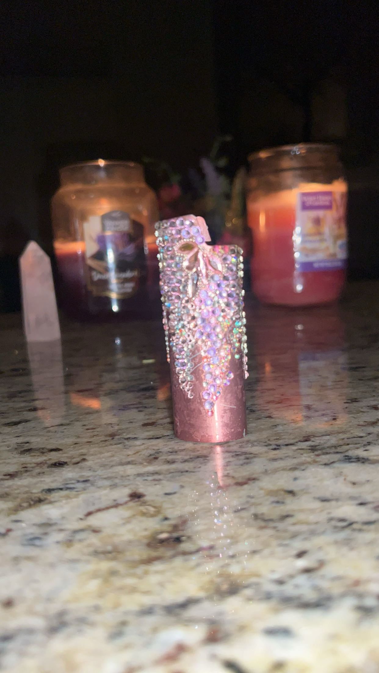 "Rose Gold Cascade" - Bedazzled Bling BIC Lighter Case/Sleeve Pink Base w/ a cascade of pink crystal rhinestones outlines in clear crystal AB crystal rhinestones