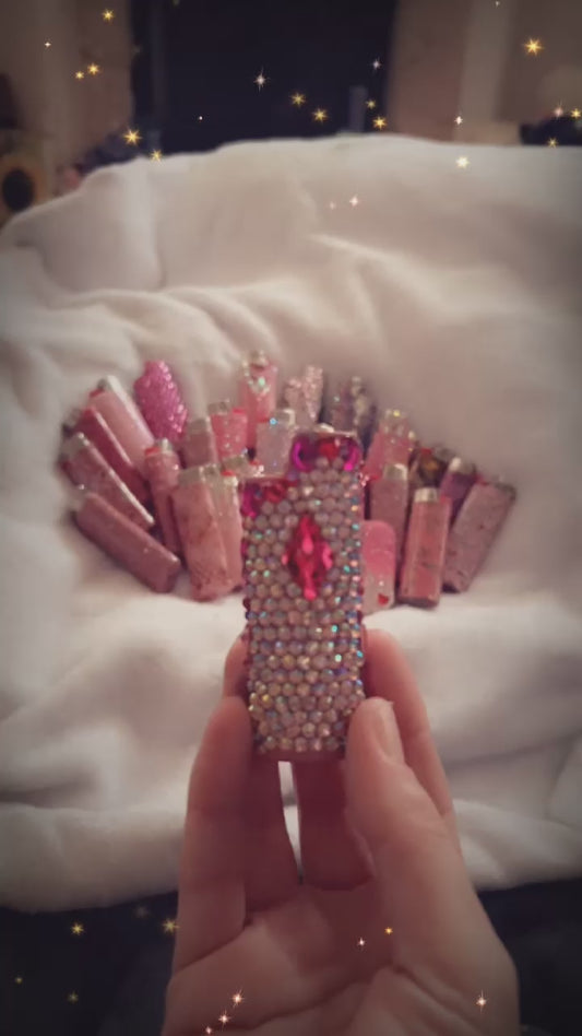 "Your Highness" - Bedazzled BIC Lighter Case Lit. Pink AB Crystal Rhinestones and Shaped Magenta Crystal Rhinestone Pattern