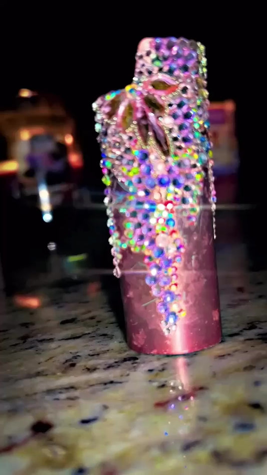 "Rose Gold Cascade" - Bedazzled Bling BIC Lighter Case/Sleeve Pink Base w/ a cascade of pink crystal rhinestones outlines in clear crystal AB crystal rhinestones